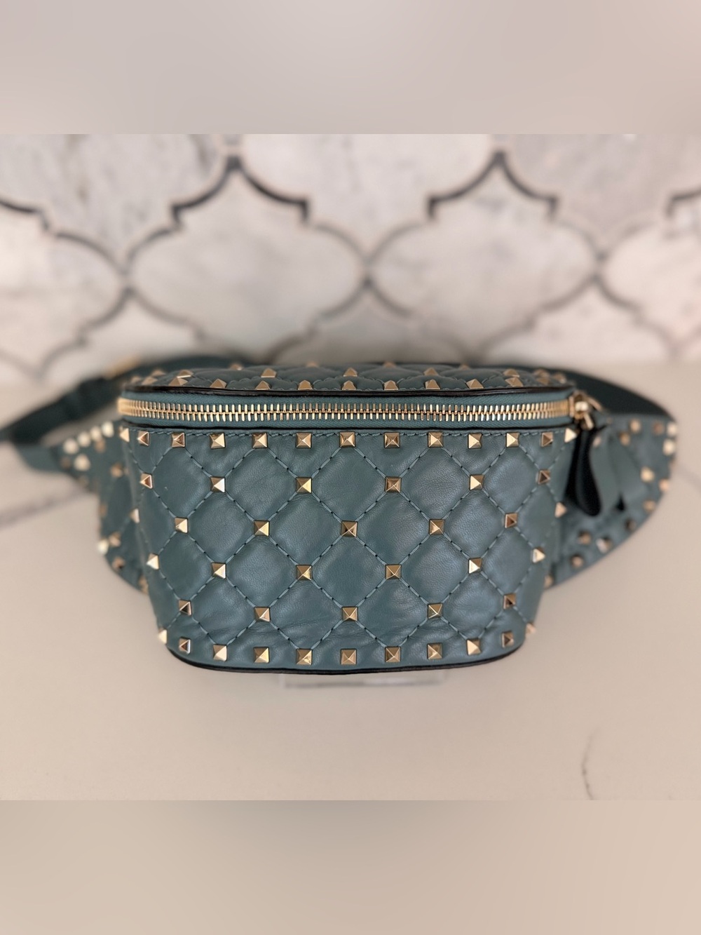 Valentino Garavani Quilted Teal Leather Rockstud Belt Bag - Picture 2 of 7
